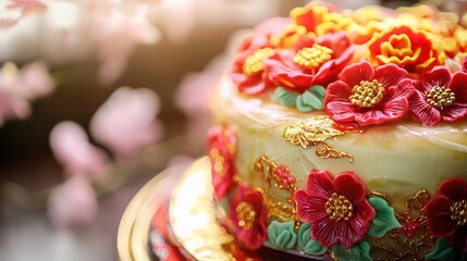 Fototapeta premium A close-up of a Chinese New Year cake featuring vibrant flowers and golden decorations