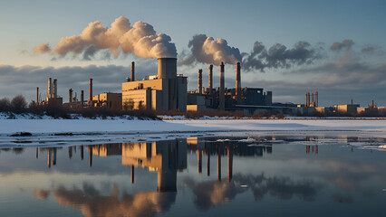 Factory Emitting Smoke with Prominent Smoke Stack Against the Background of a Cloudy Sky