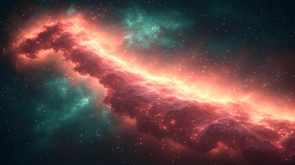 Fototapeta premium Luminous cosmic nebula with vibrant red and green hues, glowing cosmic dust and distant stars scattered across the night sky