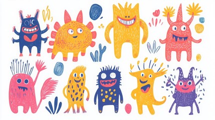 Set of colorful, creative kidsâ€™ drawings on a white background 