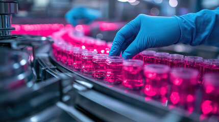 Automated production line with blue gloved hand organizing vials