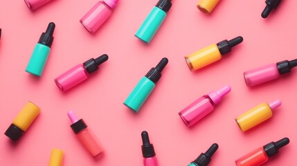 Obraz premium Top view of vibrant dropper bottles on pastel pink, forming a visually pleasing beauty essentials pattern. 