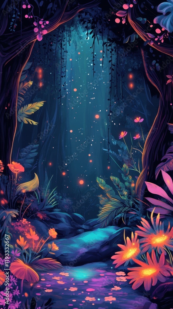 Poster enchanting glow of a magical forest path
