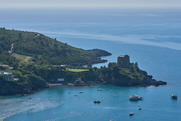 Boats docked near a hill in San Nicola Arcella, Cosenza, Calabri