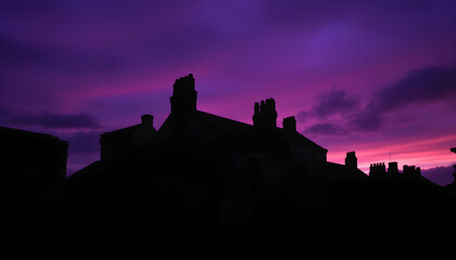 Obraz premium Silhouetted Houses Against Vibrant Purple Sunset Sky