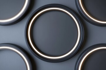 Illuminated circular frames on dark grey background.