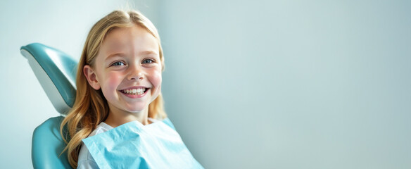Banner with little blonde-haired girl in dentist's chair, satisfied with treatment, on light background with space for text. Children's dentistry, routine checkup, no fear of treatment and pain