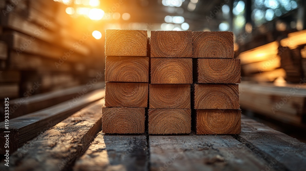 Poster stacked wooden blocks on a rustic table with sunlight streaming through industrial warehouse, creati