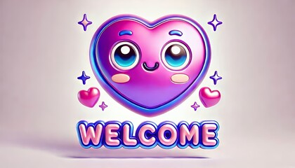 smooth d icon render with rounded edges raytracing of kawaii anime heart shaped welcome sign,