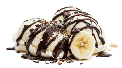  Ice cream with banana and chocolate sauce isolated on a white background