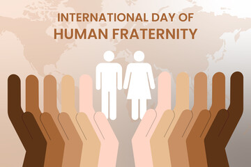 International Day of Human Fraternity vector art. Silhouetted couple standing on a set of human hands with varying skin tones. Fraternity Day themes.