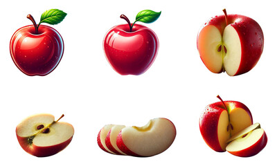 Red apple apples, many angles and view side top sliced halved cut isolated on transparent background cutout, PNG file