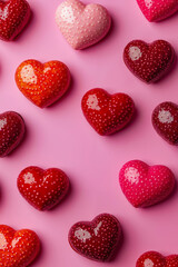 A bunch of heart shaped strawberries on a pink background