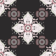 Seamless pattern. Relaxed cat meditating and flower. Colors. Pink burgundy, green and dark gray.