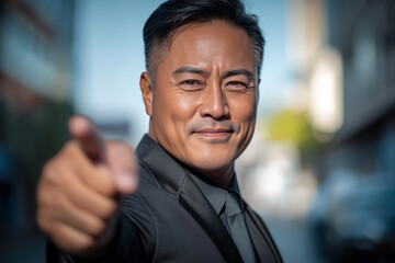 Obraz premium Confident man in suit pointing forward, exuding charisma and determination in urban setting. background features blurred buildings, enhancing focus on his expression