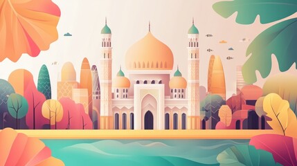 Fototapeta premium Flat Vector Islamic Mosque Design with Geometric Patterns and Colors