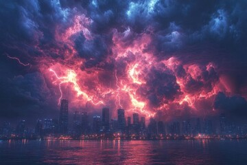 Fototapeta premium dramatic 3d rendering of lightning strikes illuminating storm clouds over a bustling city, creating a striking contrast between nature's power and urban life