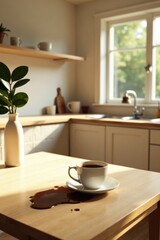 Morning mishap Spilled coffee on a kitchen table in sunlit room
