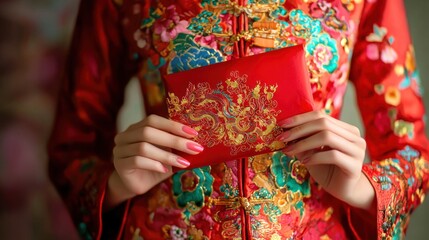 A girl wearing a vibrant Chinese New Year dress and holding a red envelope for good luck