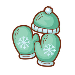 Green mittens and a matching hat feature snowflake designs for winter themed projects. Perfect for holiday designs, winter apparel, and cozy accessories