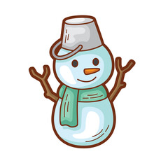 Happy snowman with bucket hat, twig arms, teal scarf, ideal for winter themed designs, holiday cards, children's illustrations, and festive decorations