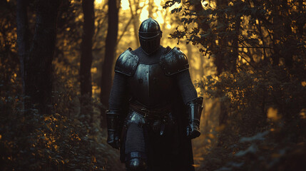 Fototapeta premium A knight walks through a dense forest at twilight, his armor clinking softly with each step. The trees loom tall around him, their branches intertwining to form an eerie canopy. His helmet reflects th
