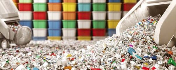 Recycling Facility with Colorful Bins and Metal Scraps for Sustainable Waste Management