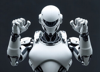 Robot AI sur fond blanc qui fait un signe de la main . intelligence artificielle