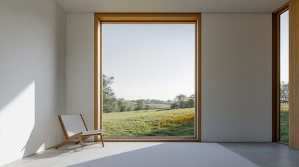 Fototapeta premium A modern Scandinavian white room with wooden trims and a window showcasing a vibrant meadow under a bright sky.