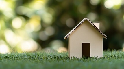 Paper House Model Resting on Green Grass in Natural Environment, Paper eco friendly house concept.