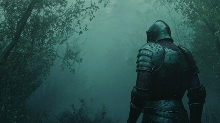 A knight walks through a dense forest at twilight, his armor clinking softly with each step. The trees loom tall around him, their branches intertwining to form an eerie canopy. His helmet reflects th
