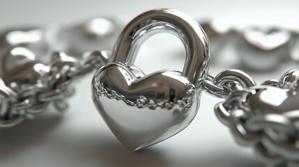 Close-up of a shiny silver heart-shaped lock on a chain, symbolizing love, trust, and connection. Perfect for Valentine's Day, romance themes, jewelry design, and symbolic artistic projects.