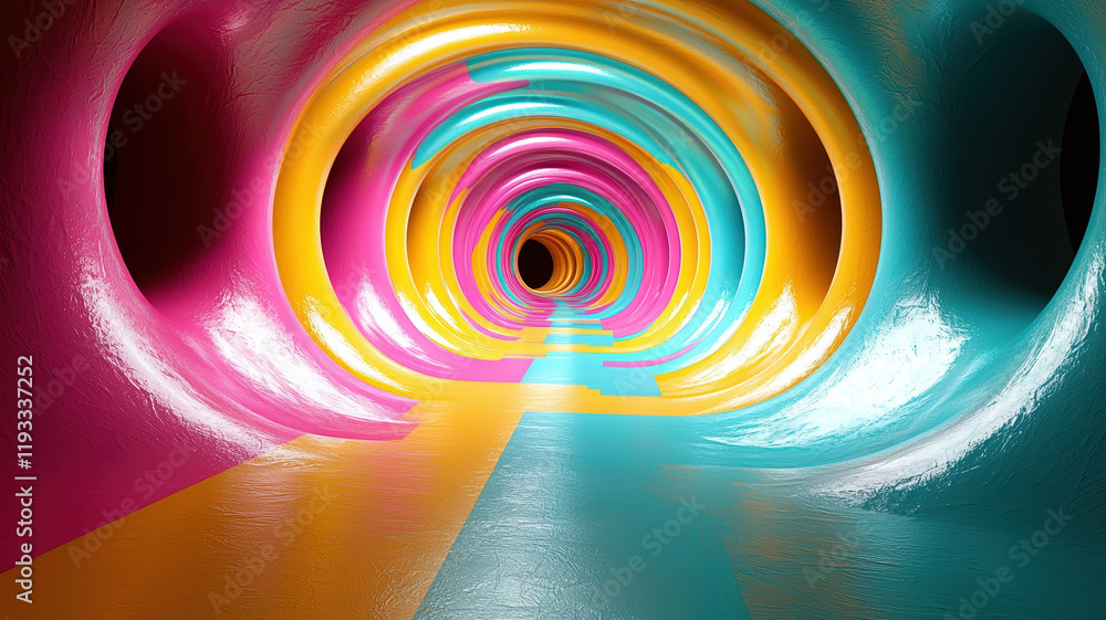 Poster vibrant abstract tunnel with colorful spirals in pink, blue, and yellow, creating mesmerizing visual