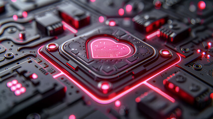 electronic circuit board with code. Love lock. Valentines day, unity, memory concepts.