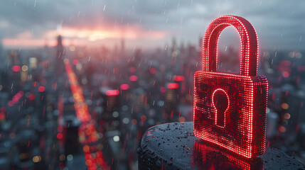 Red digital lock symbolizing security and privacy, set against a rainy cityscape with bokeh lights. Futuristic concept for cybersecurity, data protection, or online safety themes with glowing details.