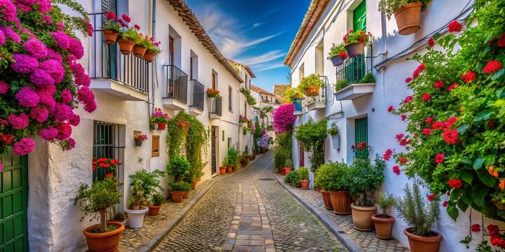 Fototapeta Charming Spanish Old Town Alleyway: Whitewashed Houses, Flowers, Cobblestone Street