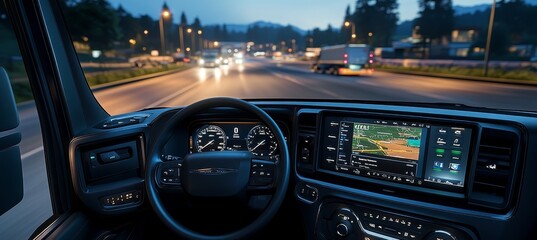 Modern Truck Dashboard with Navigation System, Comfortable Steering Wheel and Evening Road View.