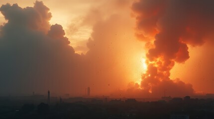 Obraz premium Abstract illustration of smoke clouds, fire sparks, stones fragments, flying up embers, burning cinder from explosion or natural disaster. Military banner with copy space. Concept for war games, ads