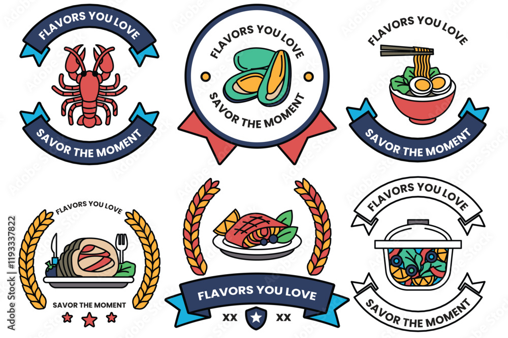 Wall mural set of illustrations in the concept of restaurants and seafood in line drawing style
