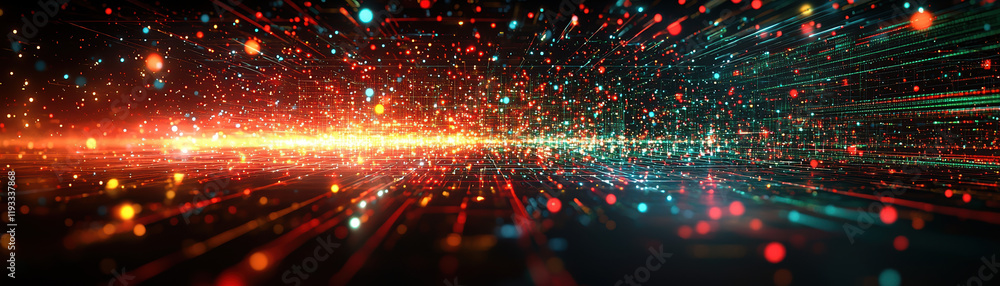 Poster vibrant abstract digital patterns with glowing lights and colors create mesmerizing visual effect, s