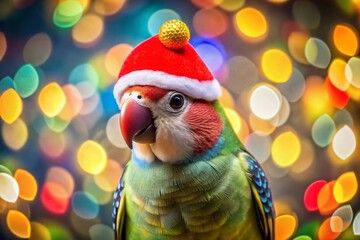 Obraz premium Cheerful Parakeet with Red Clown Nose, Bokeh Lights Background - Stock Photo