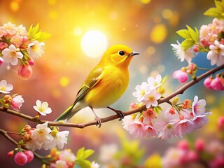 Cheerful Yellow Bird on Blooming Branch, Spring Panoramic