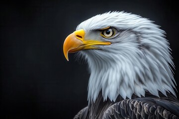 Obraz premium eagle's head with piercing yellow eyes and pristine white feathers, prominently featured against a stark black background. the striking contrast enhances the majesty and intensity of the bird
