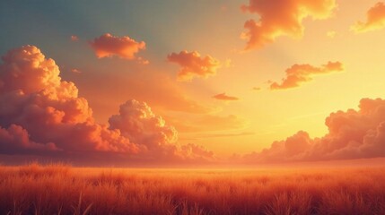Fototapeta premium Golden Hour Serenity A Vast Expanse of Tall Grass Underneath a Dramatic Sunset Sky
