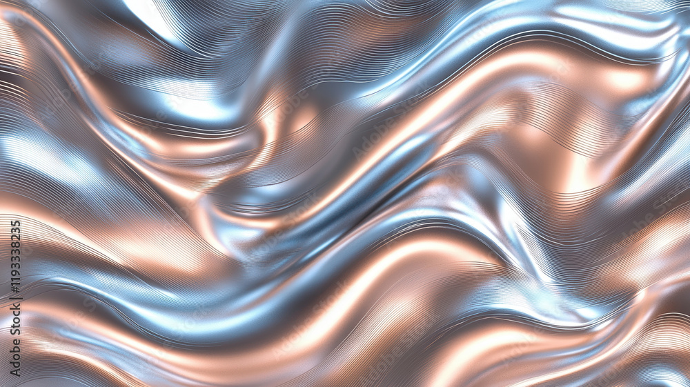 Poster shimmering metallic curtain texture with flowing silver and copper waves, creating dynamic and elega