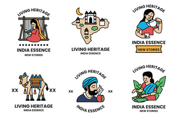 Set of illustrations in the concept of Indian culture and Indian tourism in line drawing style