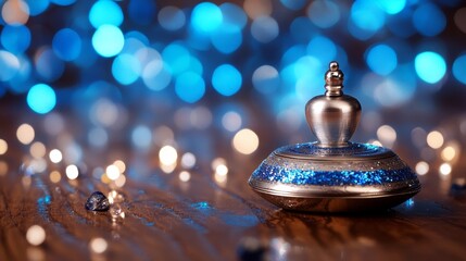 Elegant Spinning Top with Glitter on Wooden Surface and Bokeh Lights