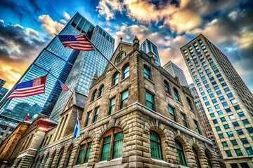 Chicago Downtown Historic Stone Building Winter Cloudy Sky Low Angle Flags