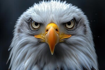 Obraz premium eagle's head with piercing yellow eyes and pristine white feathers, prominently featured against a stark black background. the striking contrast enhances the majesty and intensity of the bird