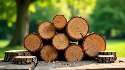 Fototapeta premium A Collection of Round Wooden Logs Arranged in a Pile Outdoors, Near a Lush Green Park